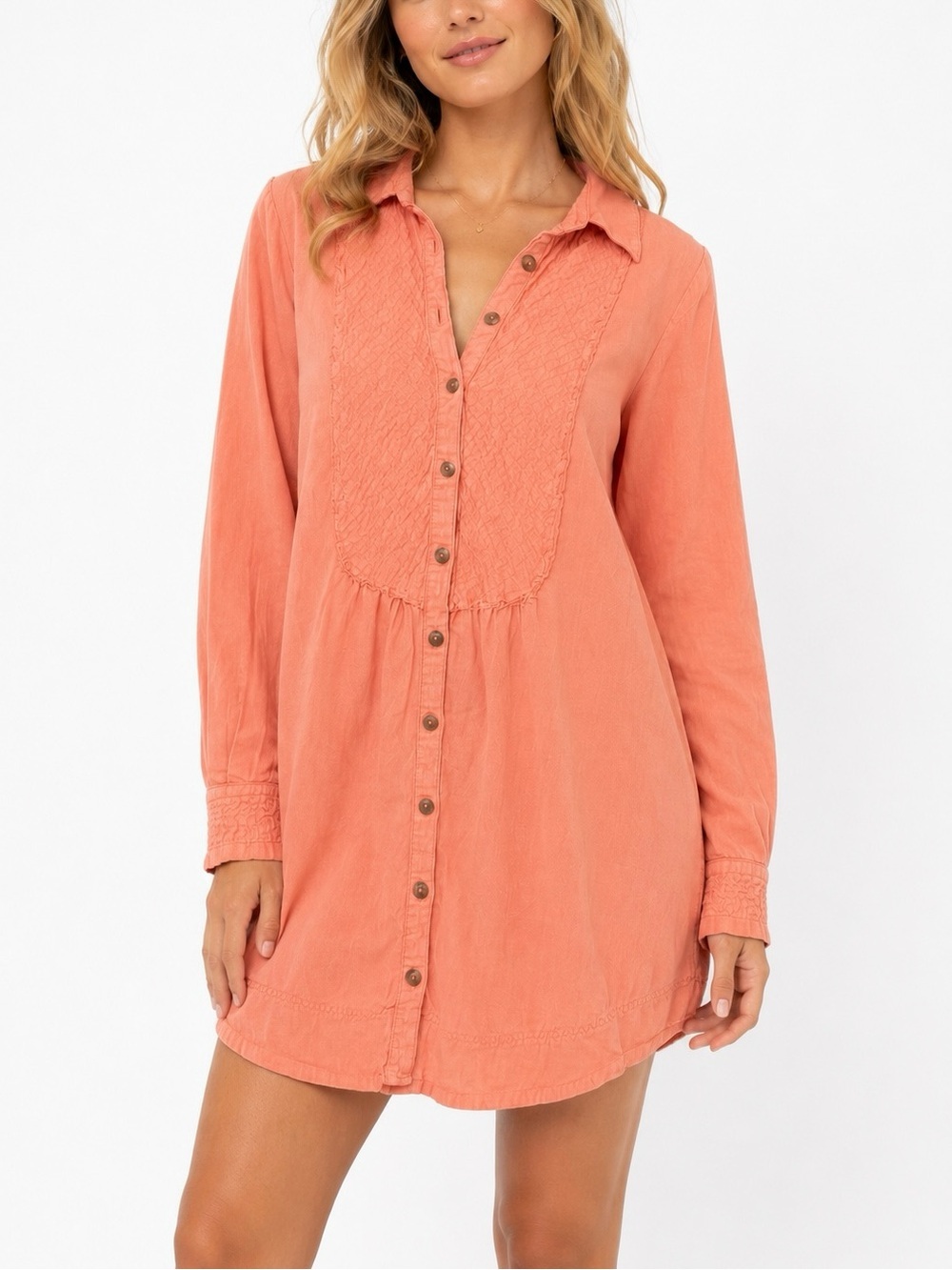 Pilcro Anthropologie Coral-Peach Textured Button Front Tunic Dress Size Small